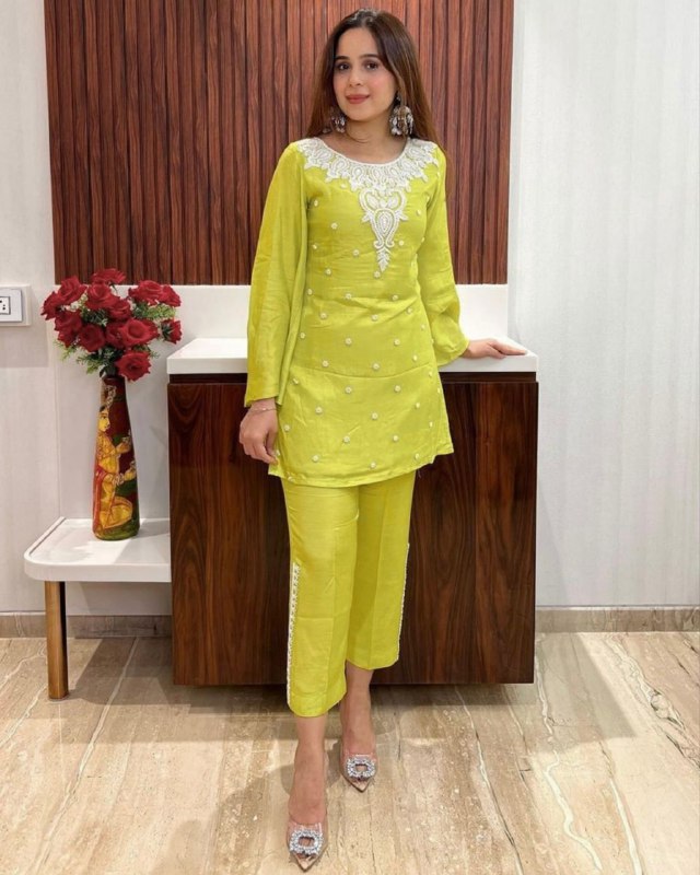 Ready To Wear Lime Yellow Soft Cotton Embroidery Work Pant With Top