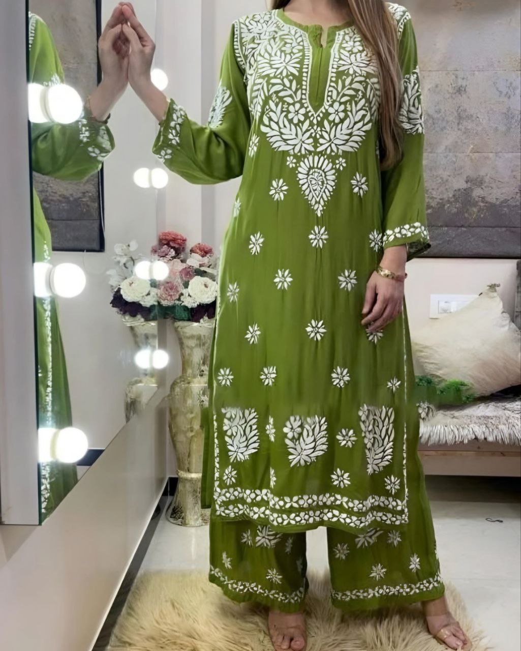 Ready To Wear Mehendi Rayon Cotton Embroidery Work Chikan Kari Suit