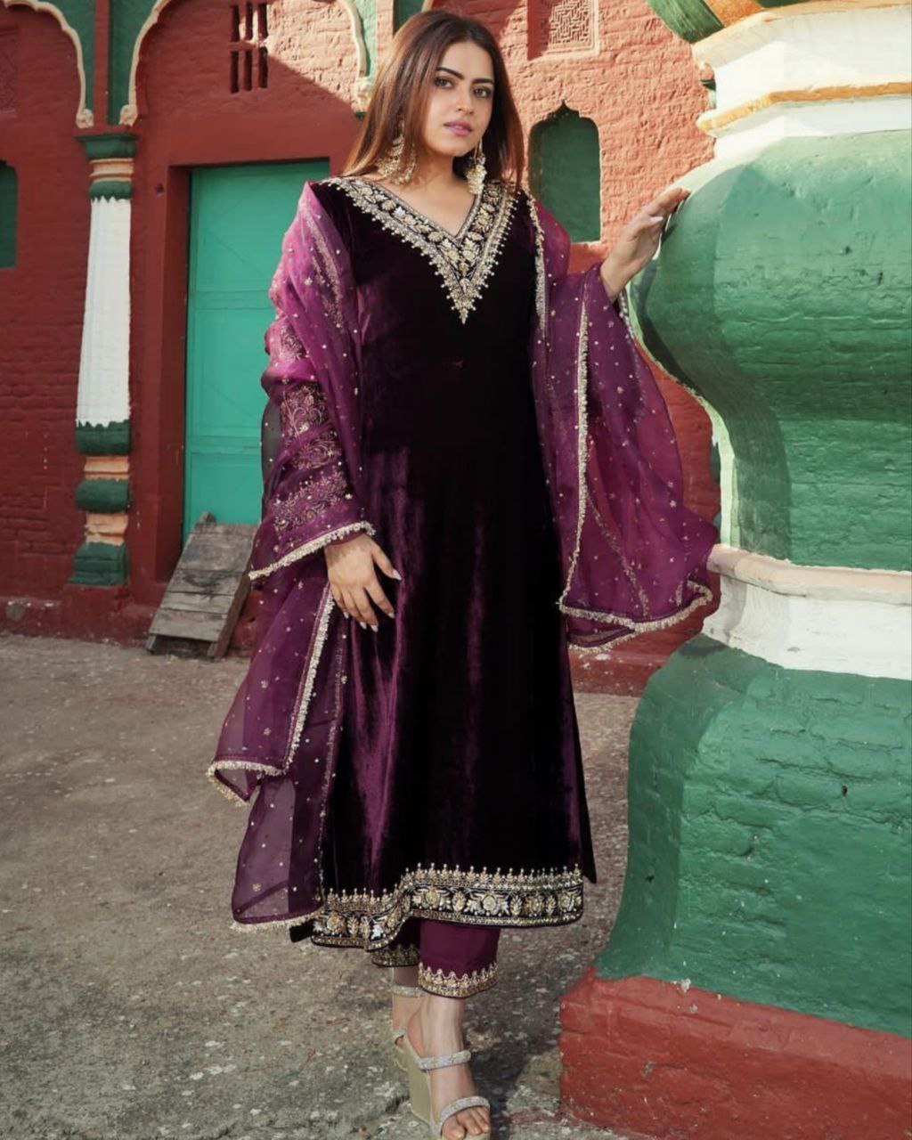 Designer wine Viscose Velvet Embroidery Work Pakistani Suit With Dupatta