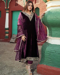 Designer wine Viscose Velvet Embroidery Work Pakistani Suit With Dupatta