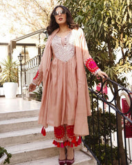 Ready To Wear Peach Pure Georgette Embroidery Work Anarkali Suit With Dupatta