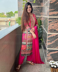 Ready To Wear Hot Pink Satin Silk Embroidery Pakistani Suit With Dupatta