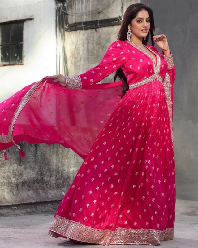 Ready To Wear Hot Pink Faux Georgette Sequence Work Alia Cut Gown With Dupatta