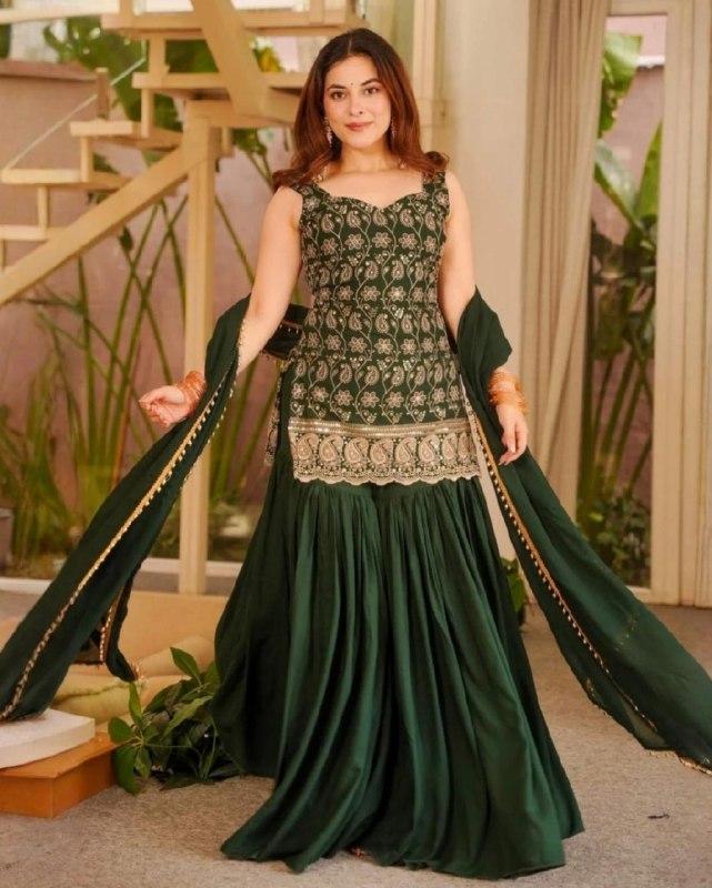 Ready To Wear Red And Green Soft Georgette  Embroidery Sharara Kurti With Dupatta