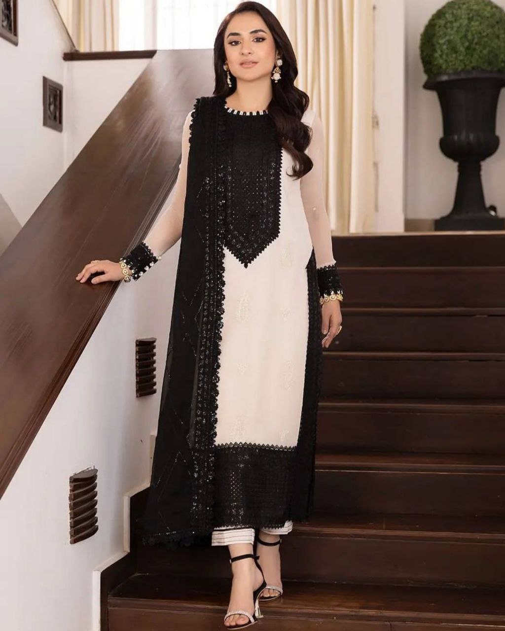 Ready To Wear White-Black Georgette Silk Sequence Work Pakistani Suit With Dupatta