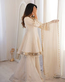 Ready To Wear Beige Chinon Silk Embroidery Gharara Frock With Dupatta