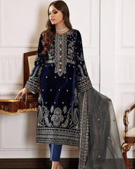 Ready To Wear Neavy Blue Micro Velvet Embroidered Work Pakistani Suit With Dupatta