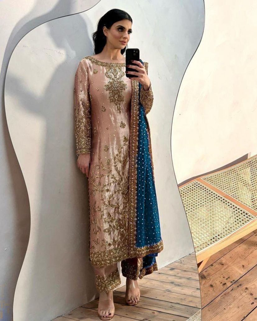 Designer Copper Jimmy Choo Embroidery Work Pakistani Suit With Dupatta