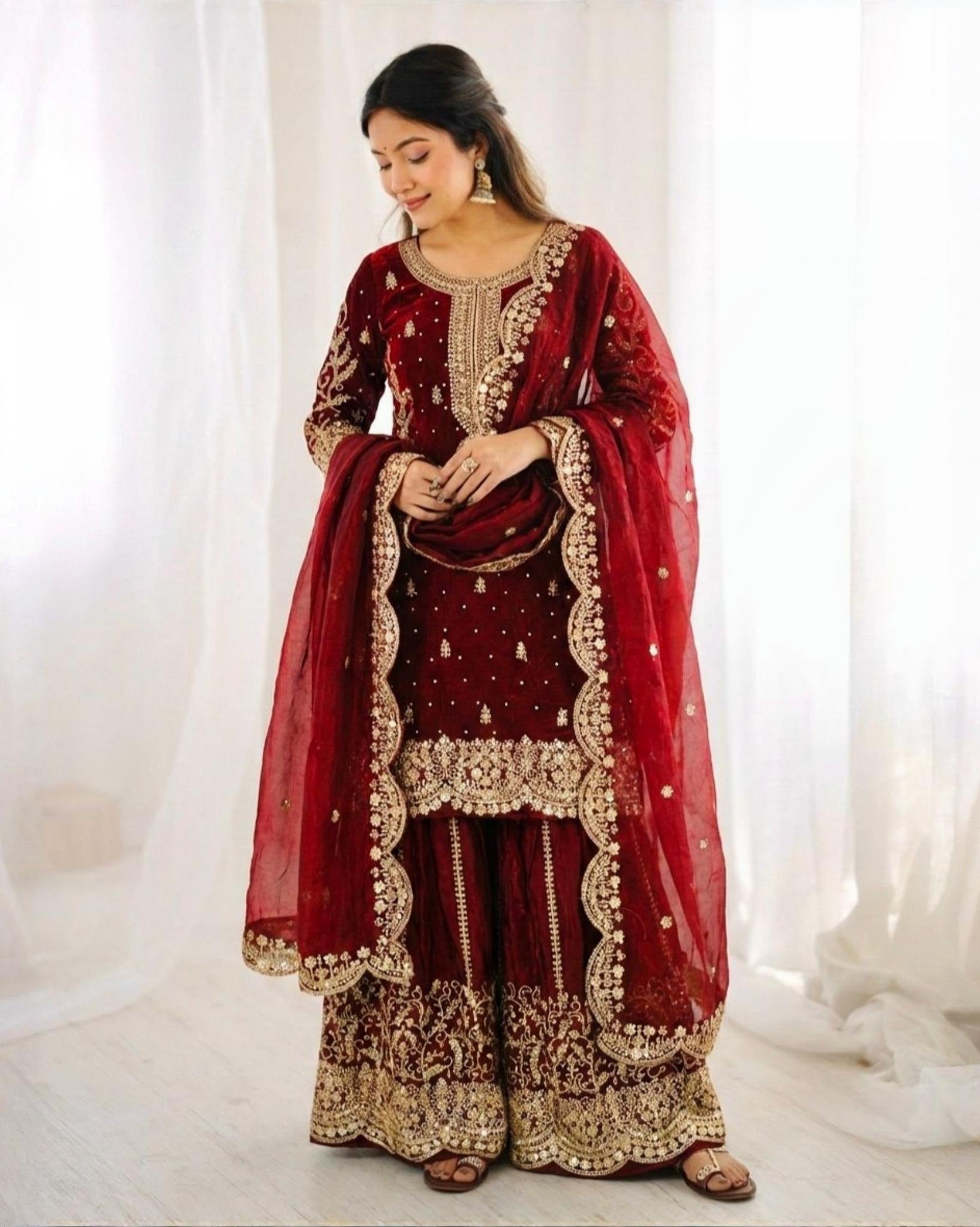 Exclusive Maroon Sea Green Simmer Silk Embroidery Palazo Kurti With Dupatta