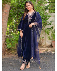 Ready To Wear Dark Blue Micro Velvet Embroidery Work Plazzo Suit With Dupatta