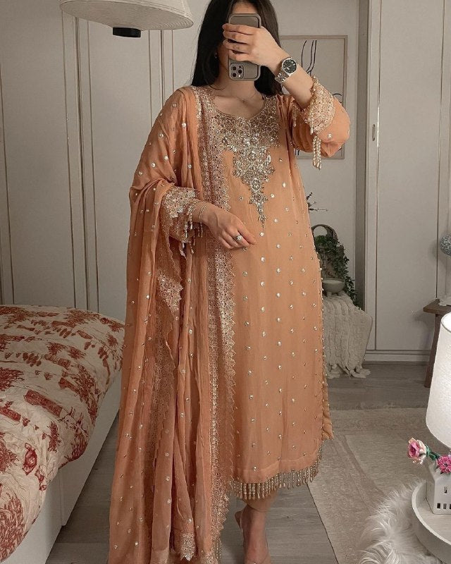 Ready To Wear Salmon Peach Pure Georgette Embroidery Work Pakistani Suit With Dupatta