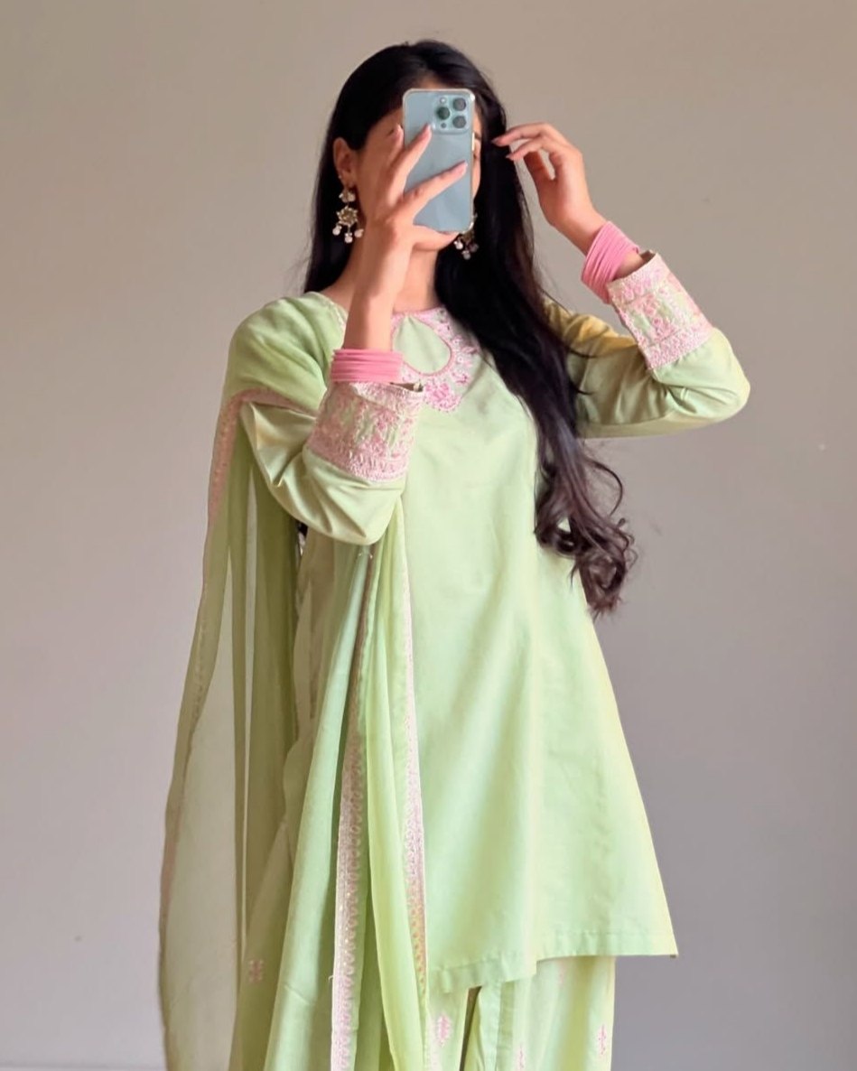 Ready To Wear Green Rayon Cotton Embroidery Farshi Salwar Kurti With Dupatta