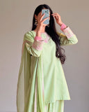 Ready To Wear Green Rayon Cotton Embroidery Farshi Salwar Kurti With Dupatta