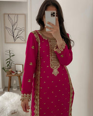 Designer Berry Faux Georgette Embroidery Work Pakistani Suit With Dupatta