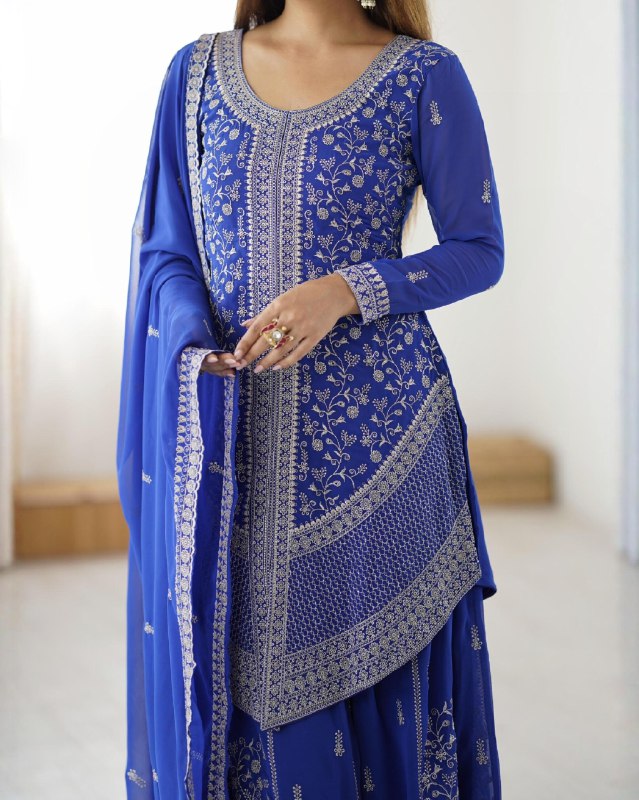 Premium Red And Blue Premium Soft Georgette Embroidery Palazo Kurti With Dupatta