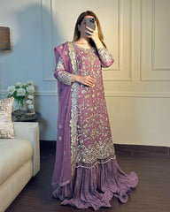 Ready To Wear Lilac Pure Georgette Fancy Embroidery Work Pakistani Sharara Suit With Dupatta