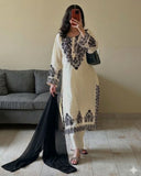 Ready To Wear Red Cream Black Roman Silk Kurti Pant With Dupatta