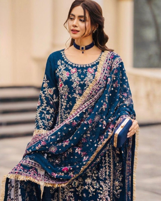 Exclusive Red And Blue Soft Georgette Embroidery Palazo Kurti With Dupatta