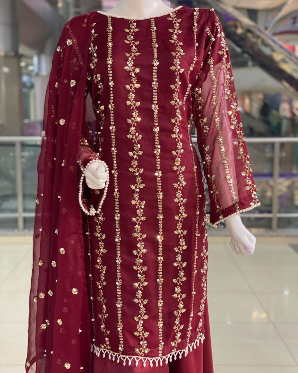 Ready To Wear Maroon Pure Georgette Embroidery Work Plazzo Suit With Dupatta