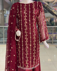 Ready To Wear Maroon Pure Georgette Embroidery Work Plazzo Suit With Dupatta