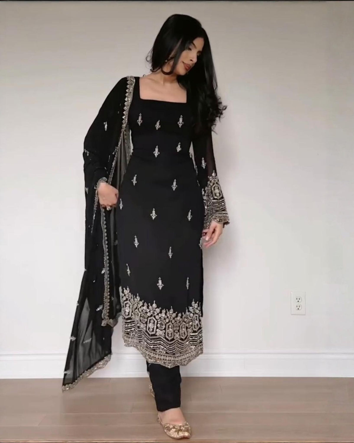 Ready To Wear Black Soft Georgette Embroidery Kurti Pant With Dupatta