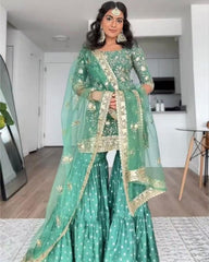 Ready To Wear Pista Green Satin Sequence Work Gharara Suit With Dupatta