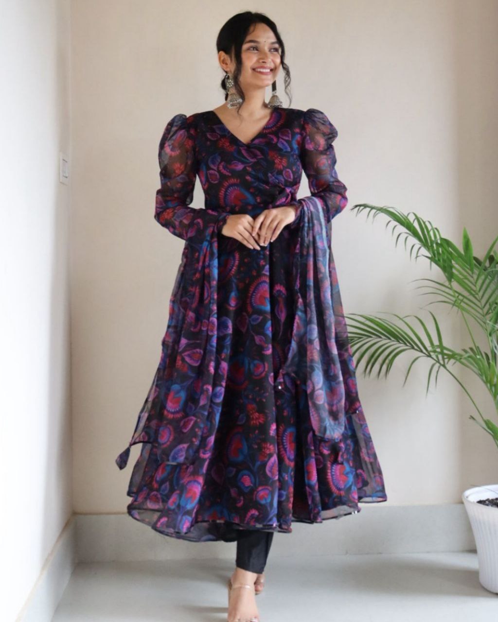 Ready To Wear Black Georgette Silk Floral Printed Anarkali Suit With Dupatta