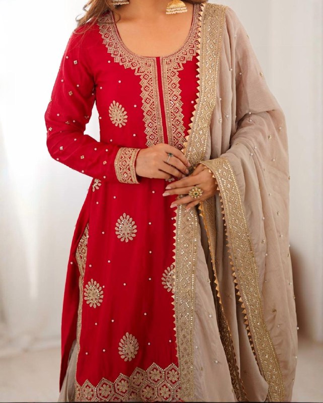 Premium Handcrafted Soft Chinon Silk Coding Embroidery Thread Sharara Suit With Dupatta