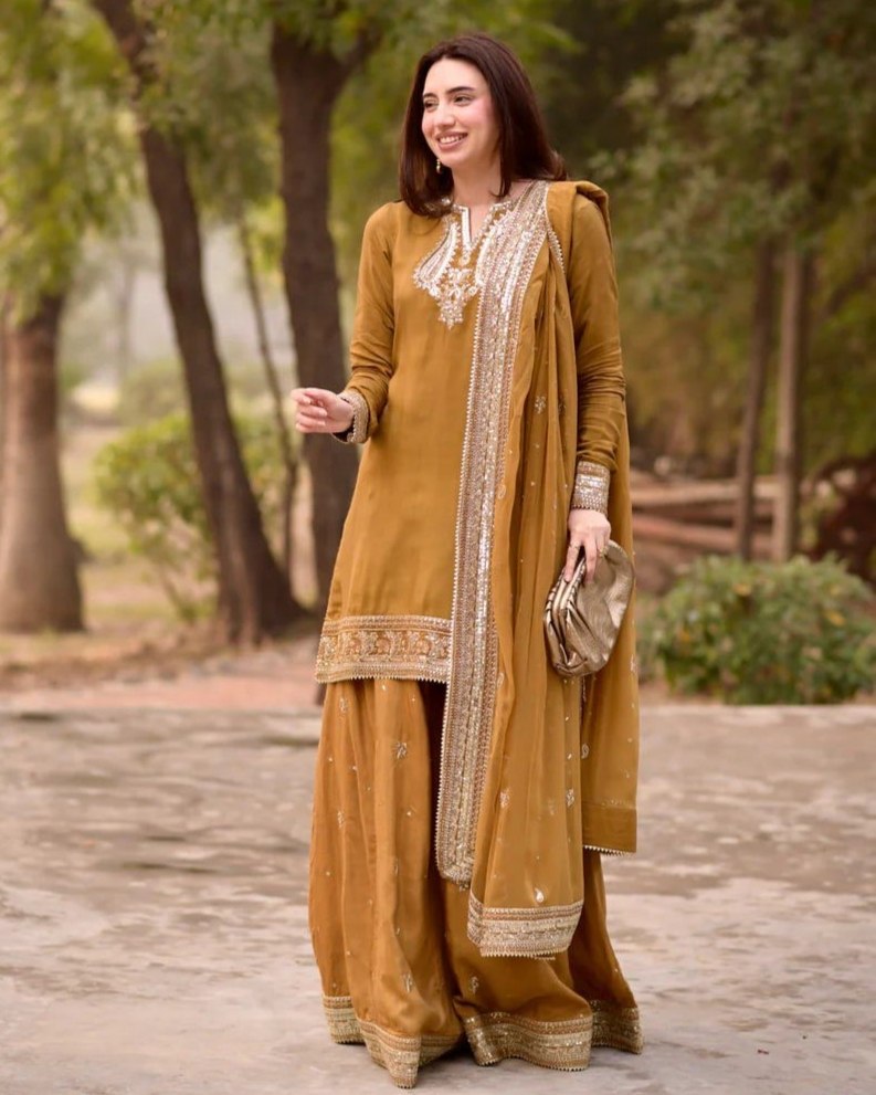 Ready To Wear Mustard Mul Chanderi Embroidery Palazo Kurti With Dupatta