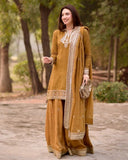 Ready To Wear Mustard Mul Chanderi Embroidery Palazo Kurti With Dupatta