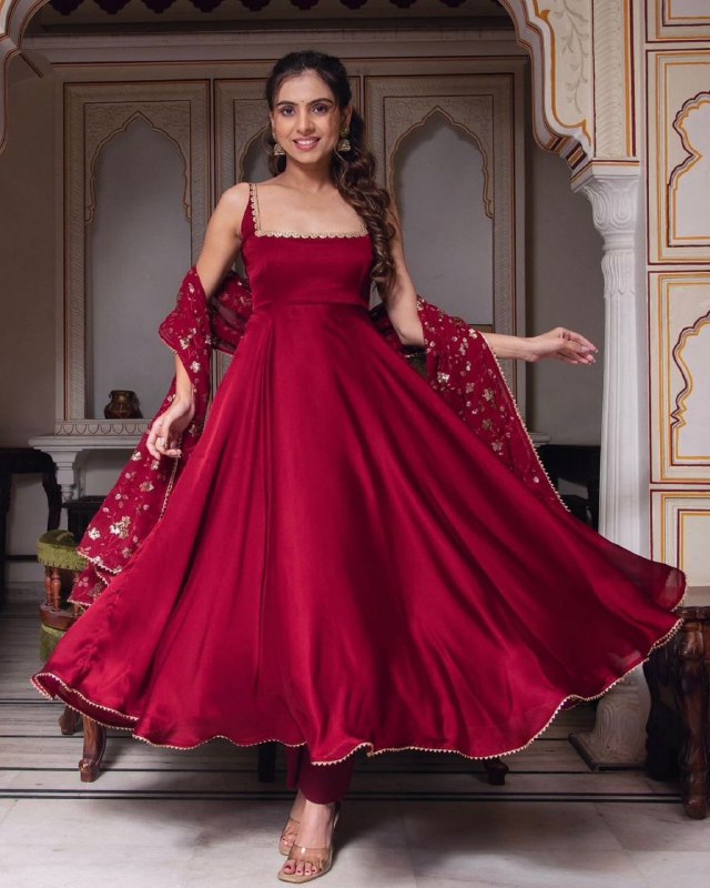 Ready To Cherry Red Pure Georgette Embroidery Work Anarkali Suit With Dupatta