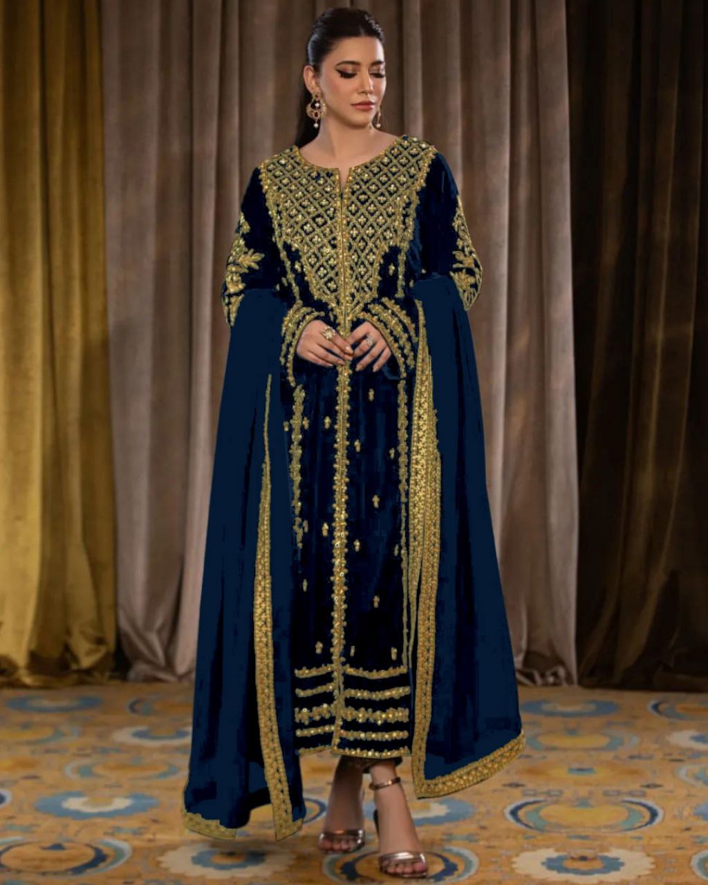 Ready To Wear Blue Micro Velvet Embroidery Work Pakistani Suit With Dupatta