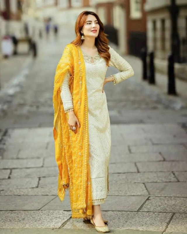 Ready To Wear Cream Pure Georgette Embroidery Work Pakistani Suit With Dupatta