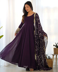 Ready To Wear Dark Purple Faux Georgette Sequence Work Anarkali Gown With Dupatta