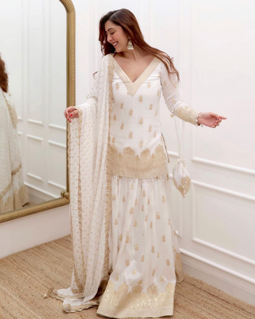 Ready To Wear White Pure Georgette Embroidery Work Sharara Suit With Dupatta