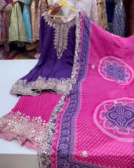 Ready To Wear Purple&Pink Pure Georgette Embroidery Sharara Suit With Dupatta