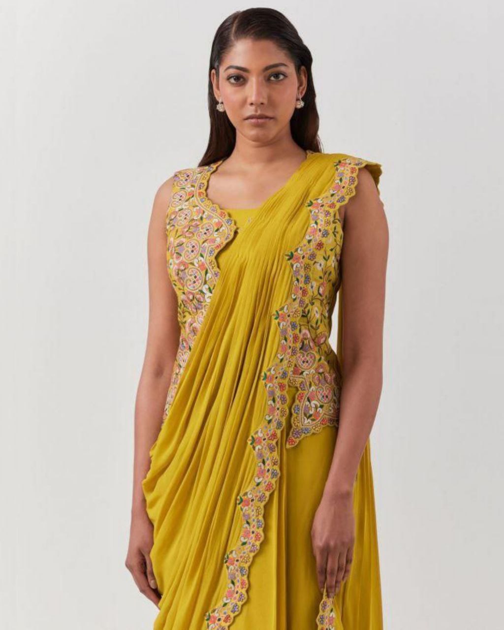 Designer Mustard Yellow Georgette Embroidery Work Saree With Blouse Jacket