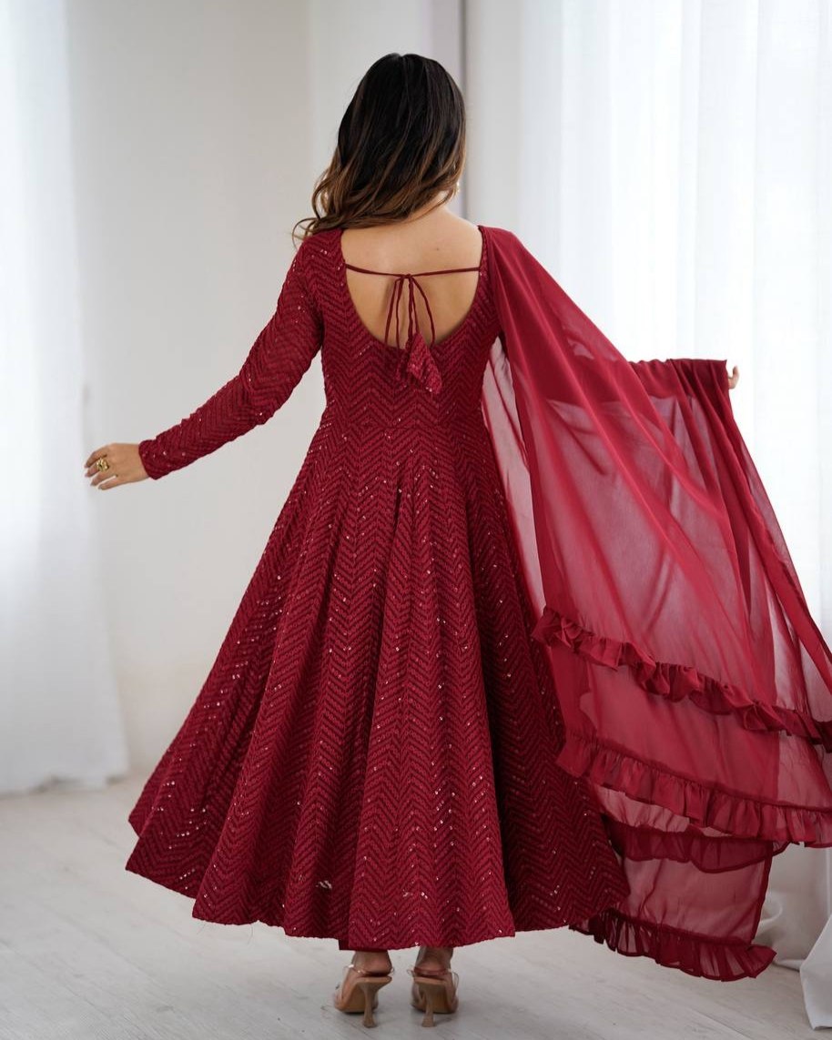 Exclusive Red Peach Black Soft Georgette Embroidery Anarkali Suit With Dupatta