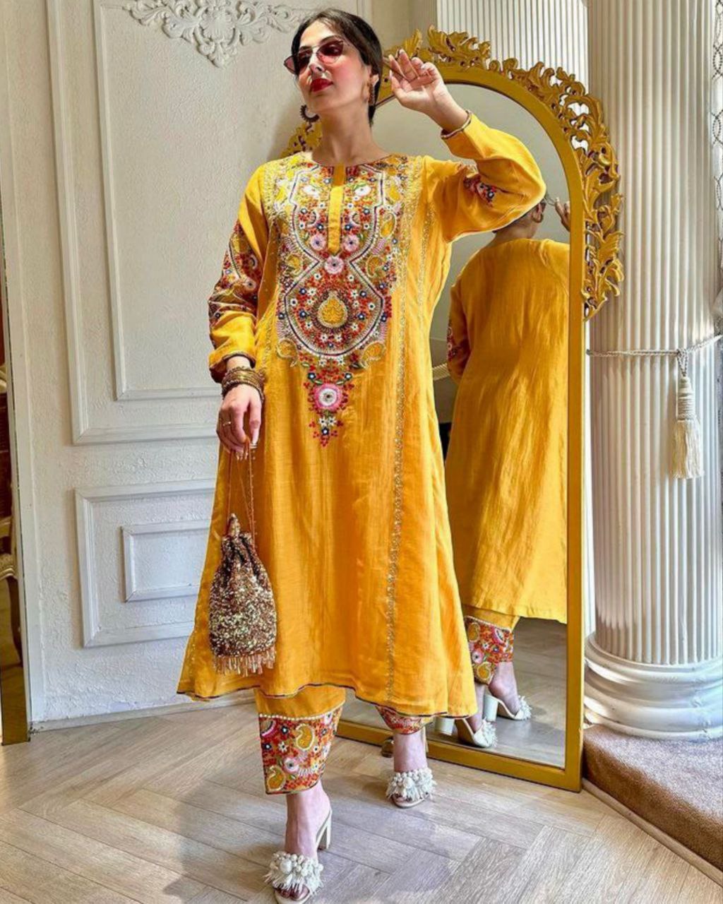 Ready To Wear Yellow Parampara Silk Embroidery Work Pent Suit With Dupatta