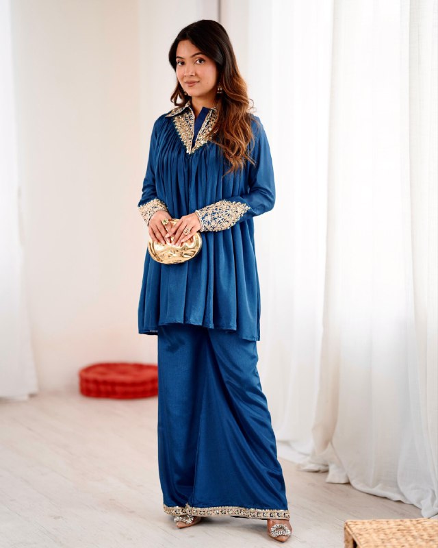 Ready To Wear Teal Blue Chinon Silk Embroidery Plazzo Frock With Dupatta
