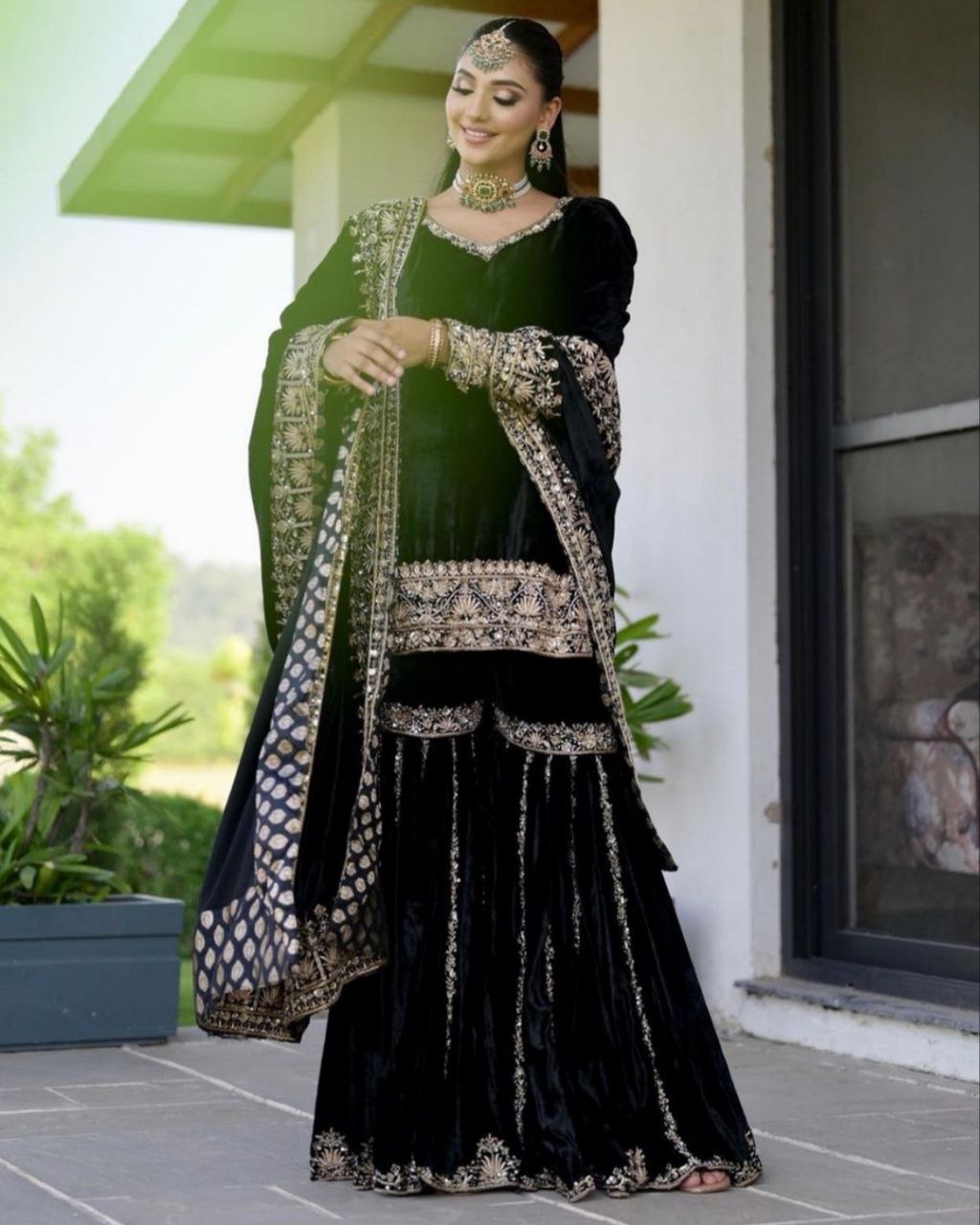 Ready To Wear Black Viscos Velvet Embroidery Work Gharara Suit With Dupatta