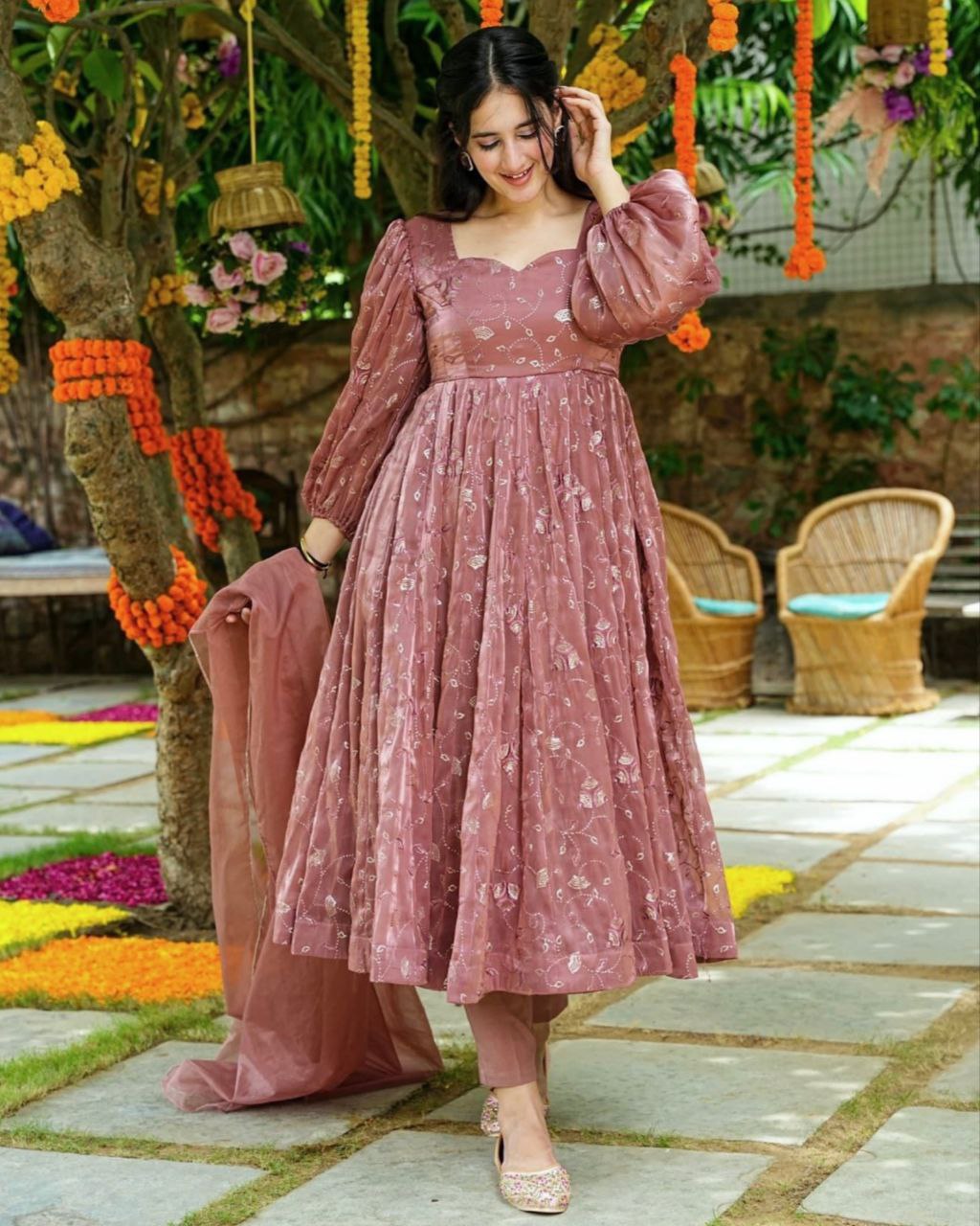 Ready To Wear Nude Faux Georgette Embroidery Work Anarkali Suit With Dupatta