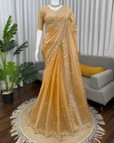 Exclusive Beige Golden Simmer Silk Embroidery Saree With Blouse