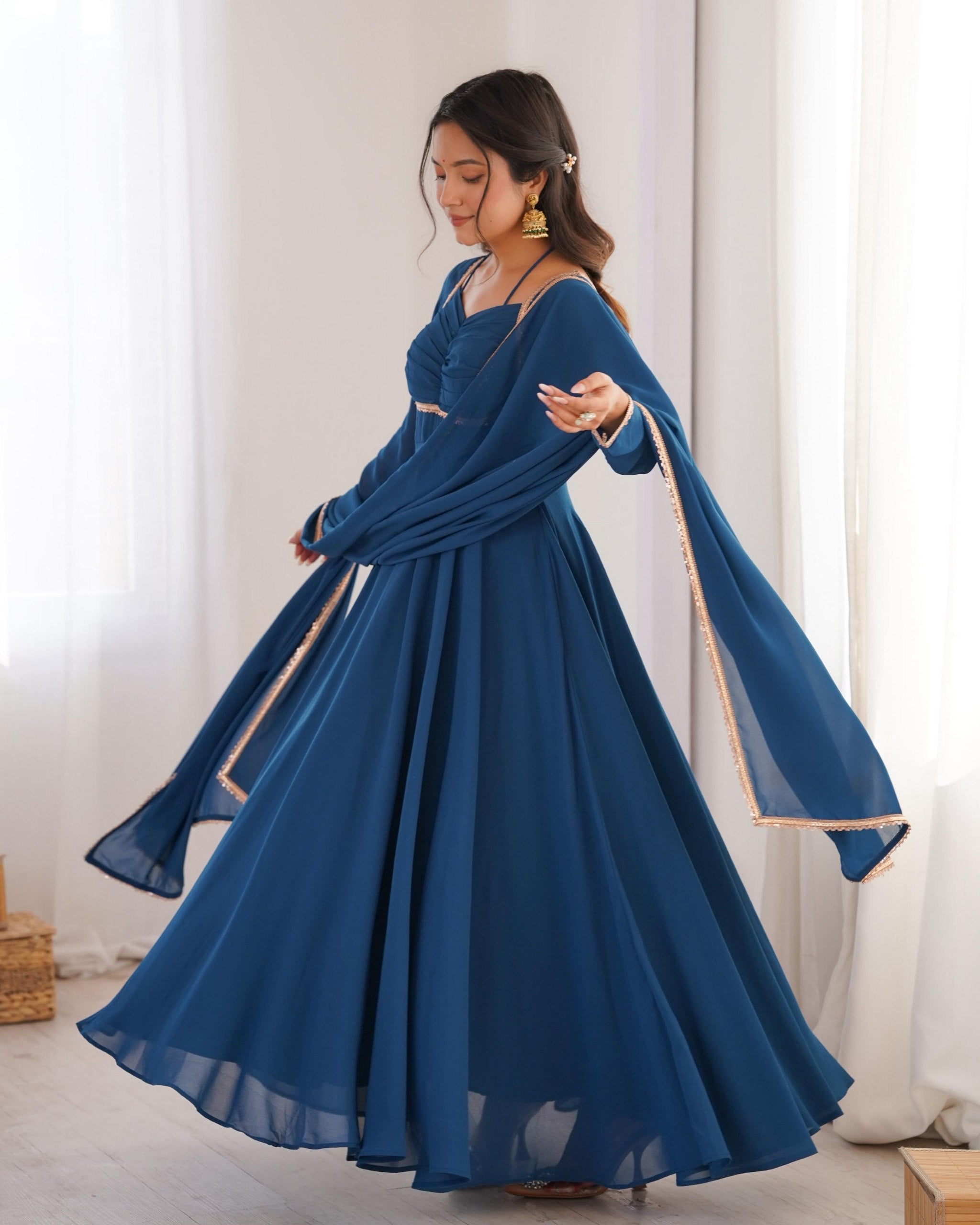 Exclusive Blue Soft Georgette Embroidery Gown Set With Dupatta