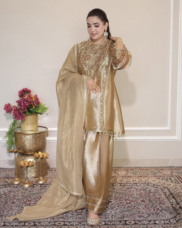 Ready To Wear Rich Golden Fendy Silk Embroidery Farshi Salwar Kurti With Dupatta