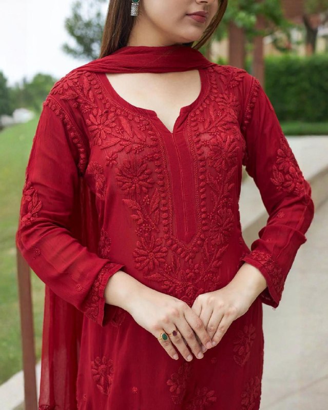 Ready To Wear Pink Brown Green Red Soft Georgette Chikankari Kurti Palazo With Dupatta