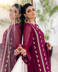 Ready To Wear Berry Pure Georgette Embroidery Work Pakistani Suit With Dupatta