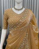 Exclusive Beige Golden Simmer Silk Embroidery Saree With Blouse