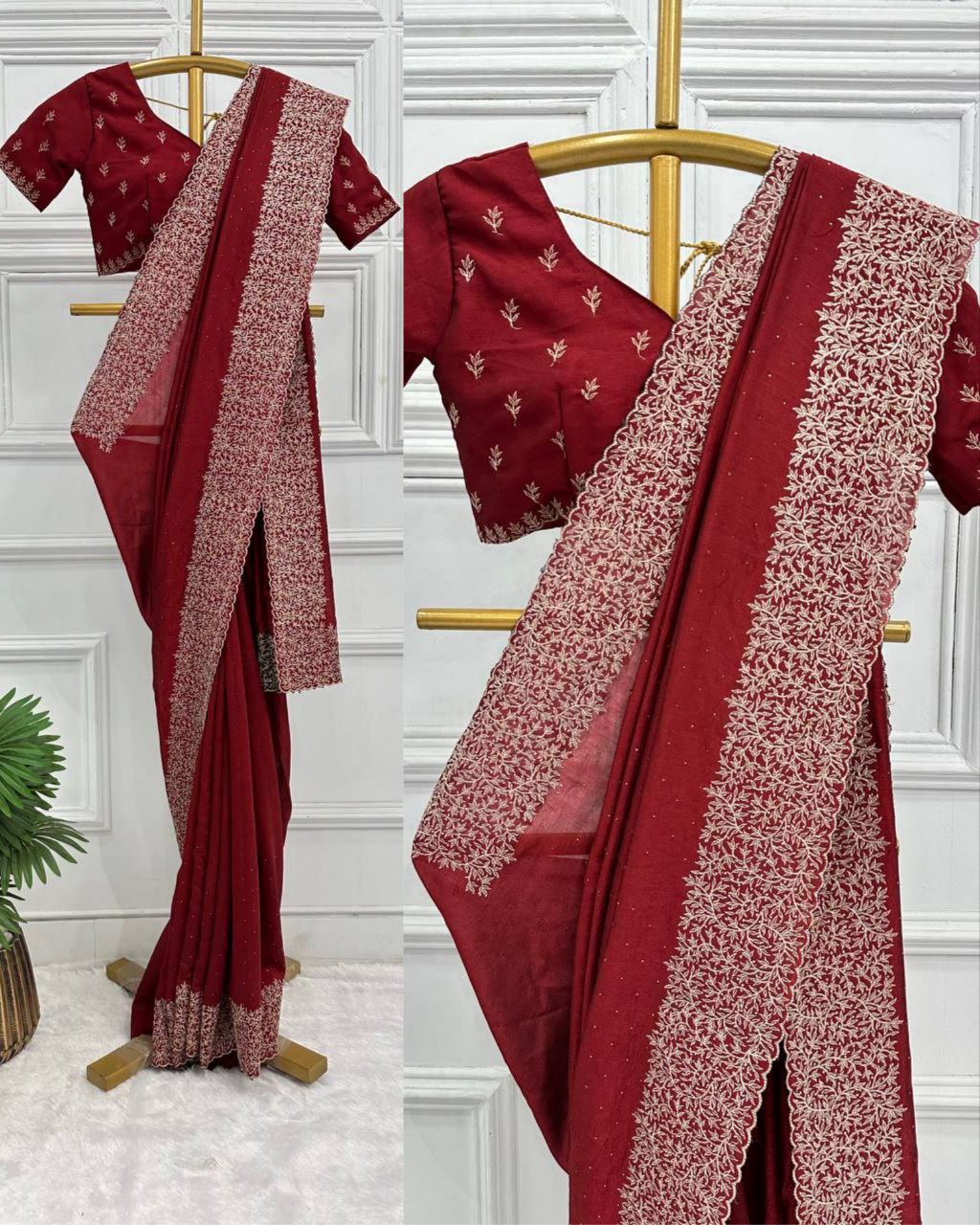 Designer vichitra silk Embroidery Work Saree With Blouse