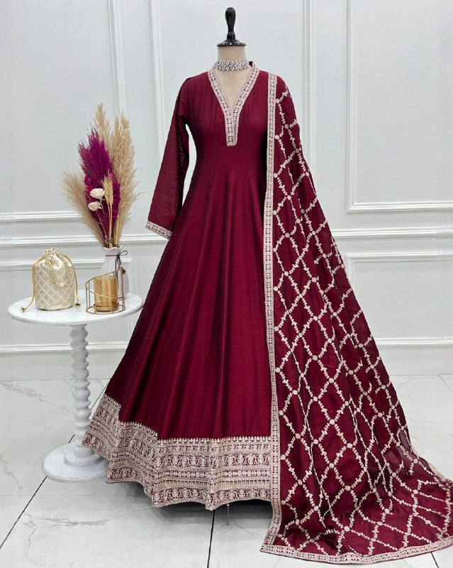 Premium Maroon Blooming Vichitra Silk Embroidery Anarkali Suit With Dupatta